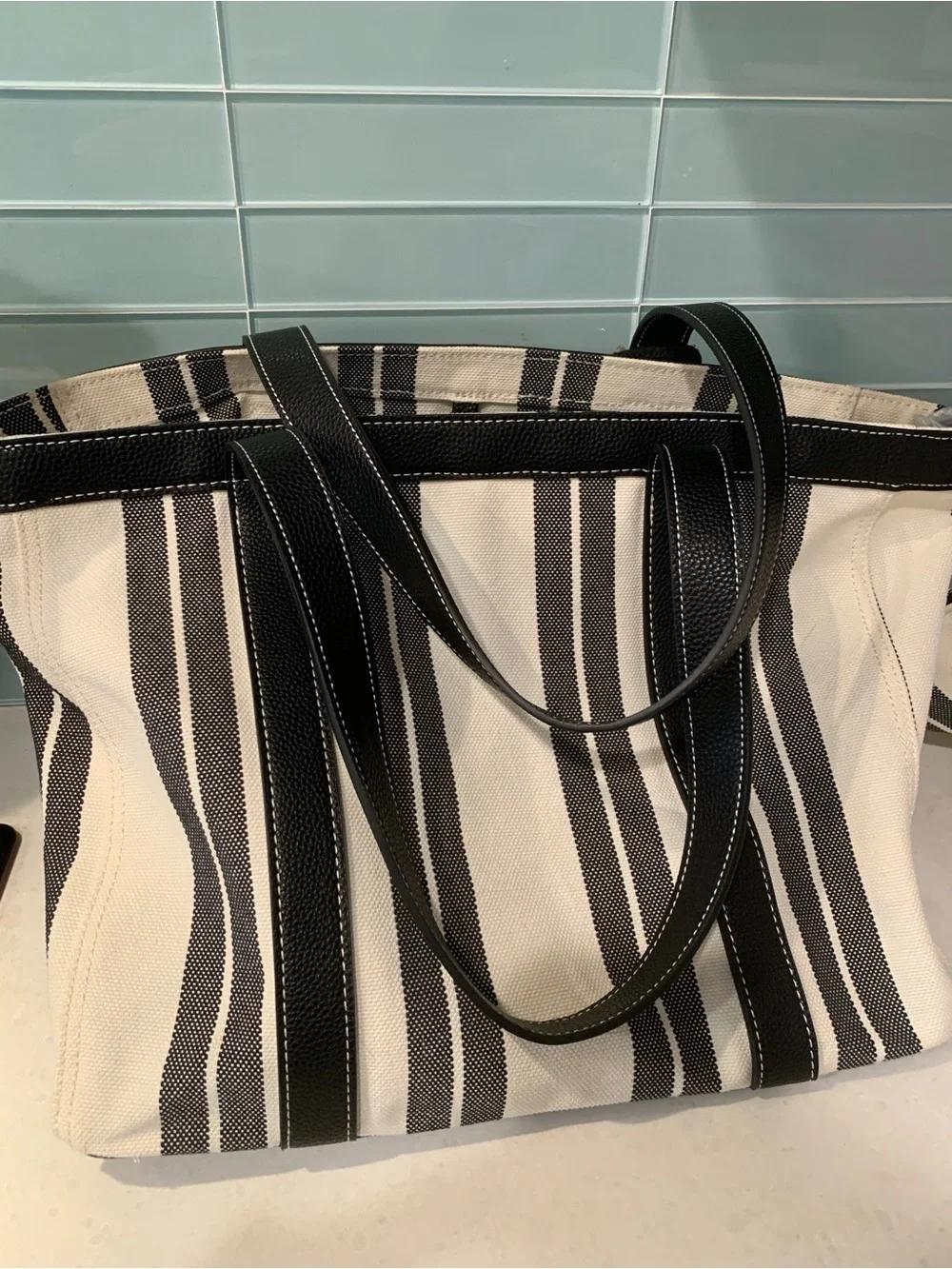 House of Harlow Black and White Striped Canvas Tote Fish Tassel Pouch NWT